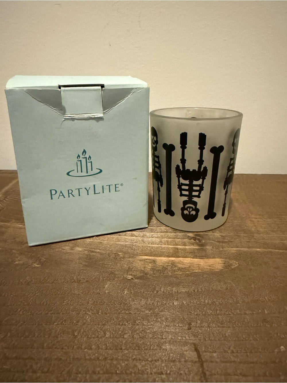 PartyLite Bones Skeleton Frosted Glass Votive Candle Holder w/ Box P90806B